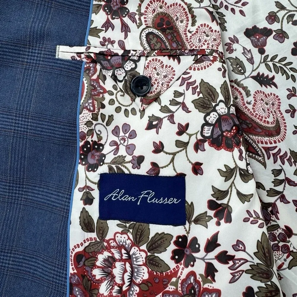 Alan Flusser Mens 48R Blue Plaid Sport Coat Blazer Paisley Lining 2 Button